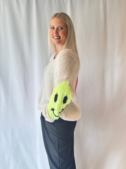 Strickpullover Smiley Creme